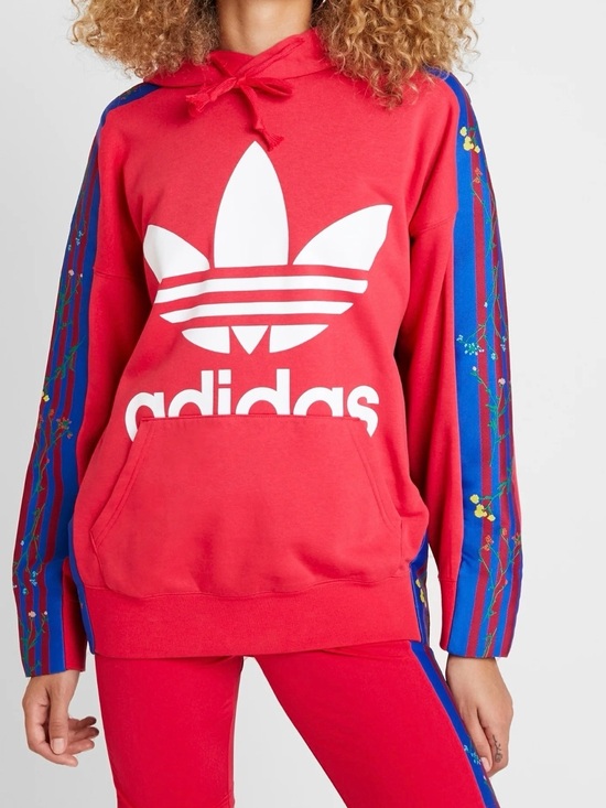 adidas Tops - adidas Originals Trefoil Hoodie Womens Small Floral 3 Stripe Red Pullover ED4768
